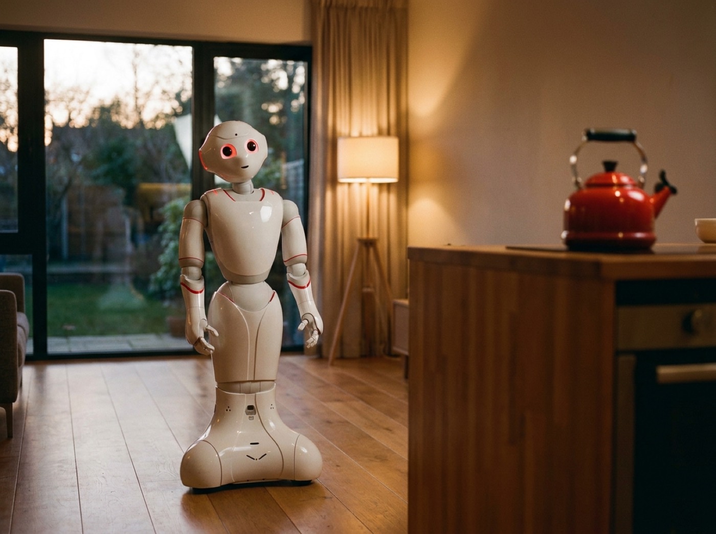 Domestic humanoid robot in a warm living room at dusk