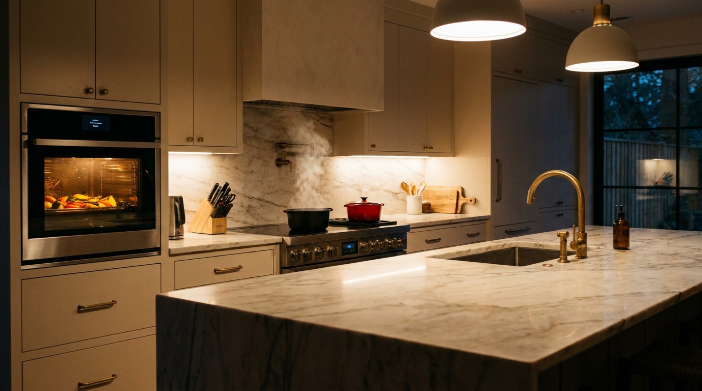 Modern kitchen at dusk with a smart oven glowing