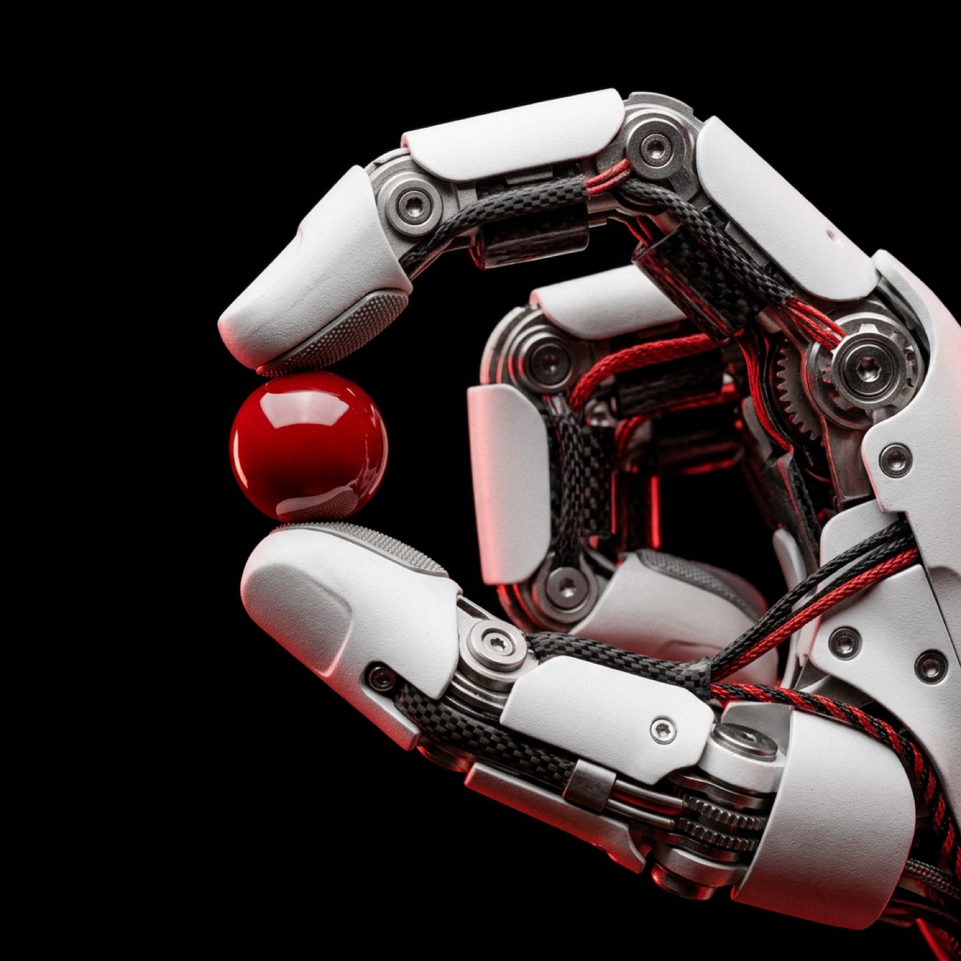 Macro of a precision robotic hand holding a small red sphere