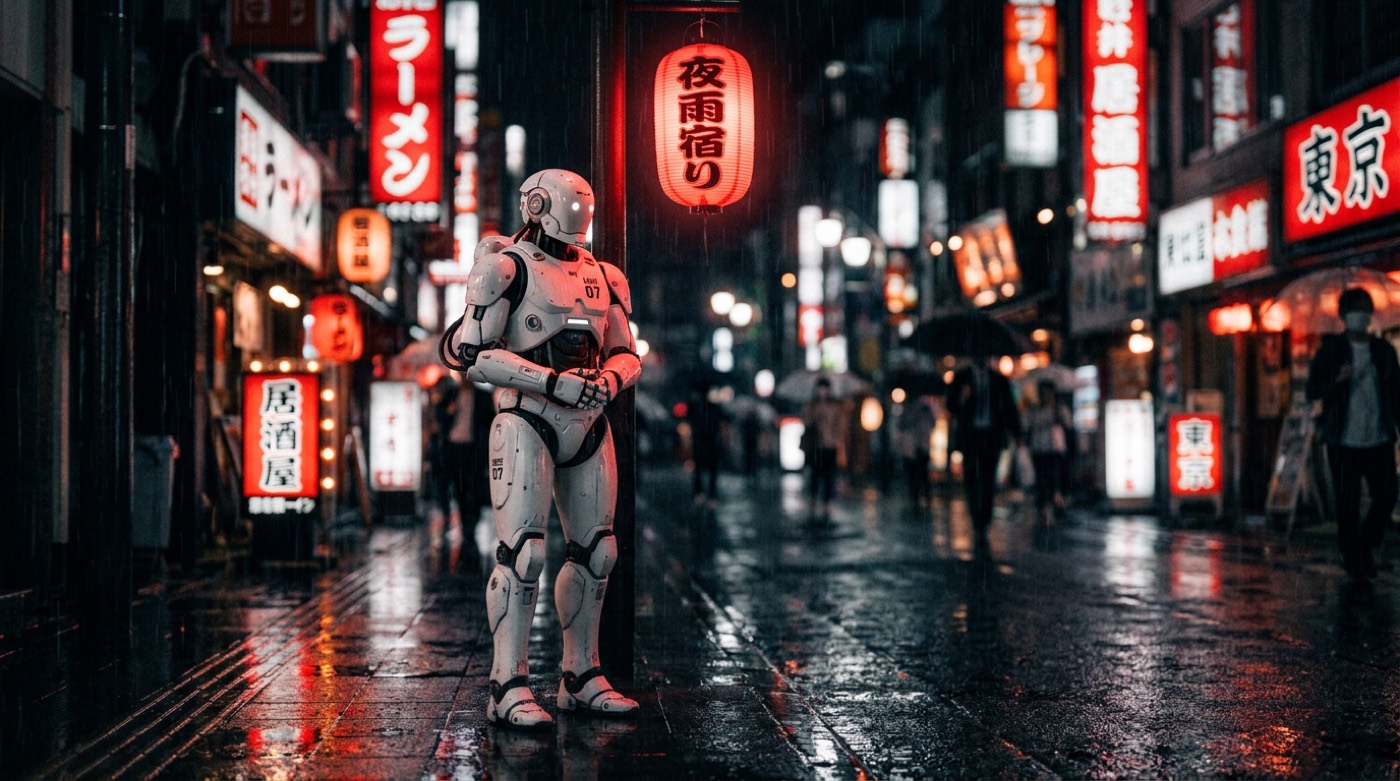 雨の東京の路上に佇む白いヒューマノイドロボット、赤いネオンの反射
