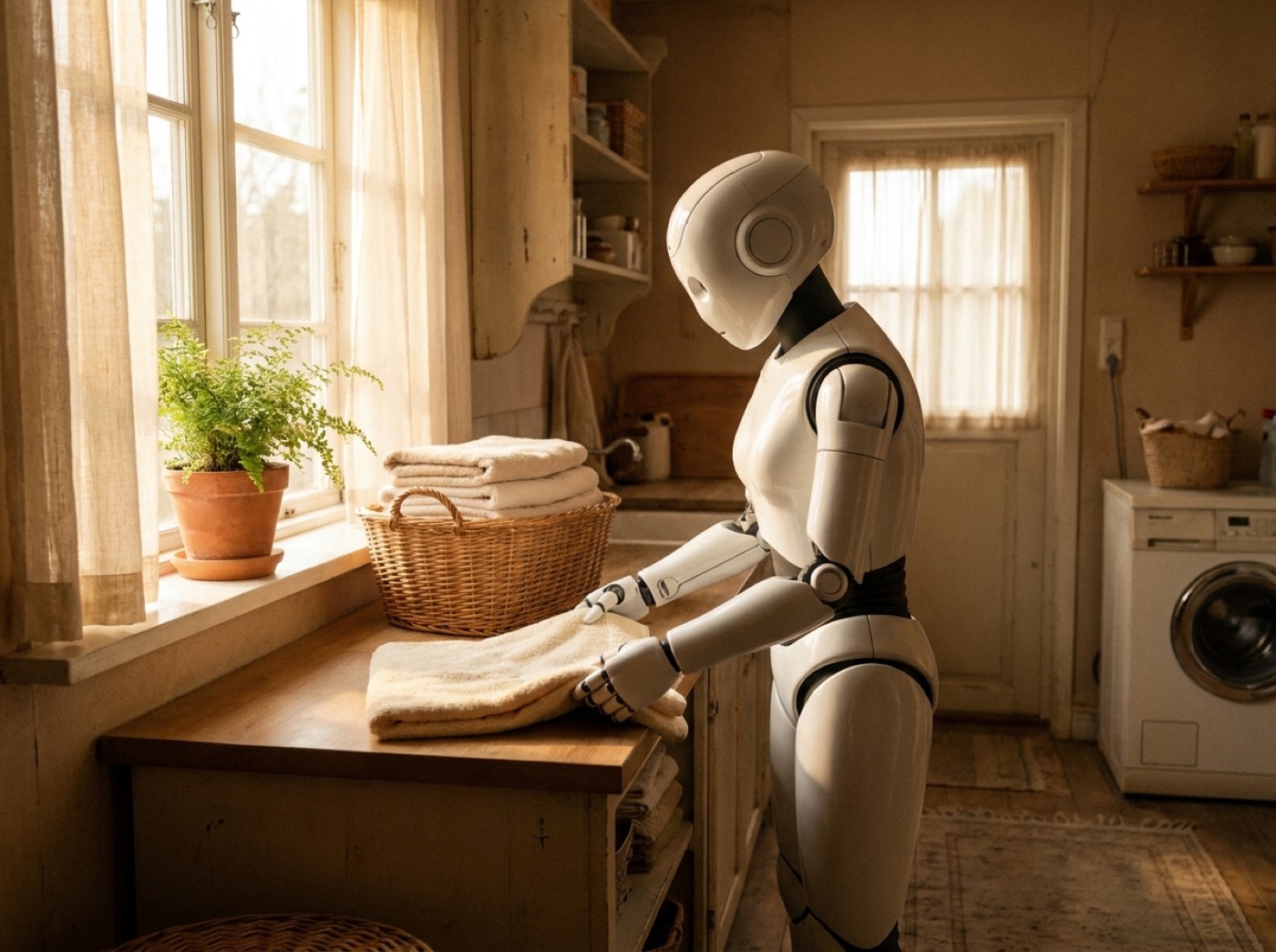 Home humanoid robot folding laundry in a sunlit room