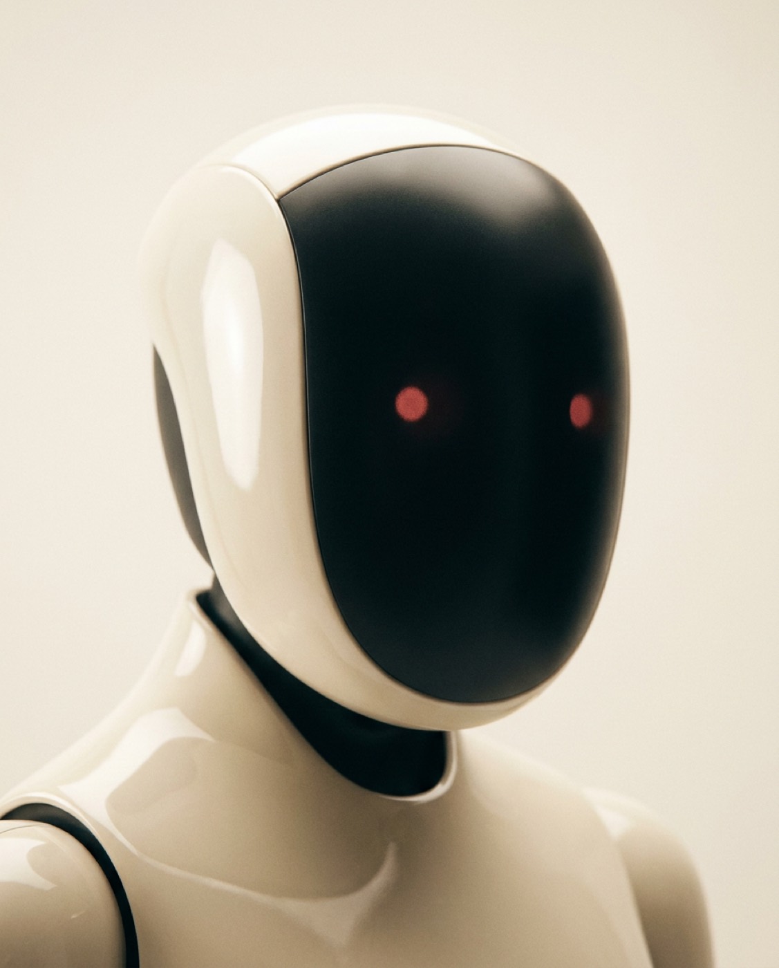 The Roboline humanoid, seen close, its dark faceplate lit by two red points